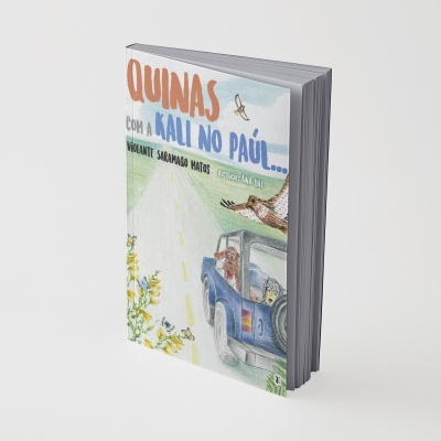Capa de livro ilustrada com carro azul e animais, texto em português