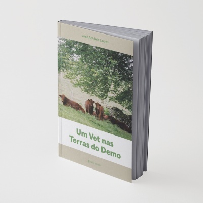 Livro com vacas em paisagem verde e texto Um Vet nas Terras do Demo