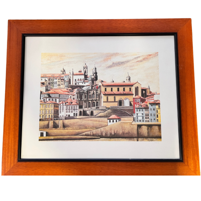 Quadro emoldurado com gravura de edifícios históricos coloridos