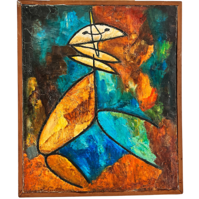 Pintura abstrata colorida em quadro com formas geométricas.