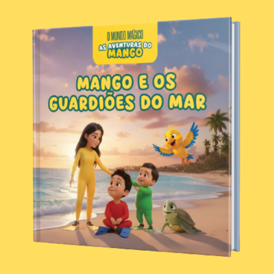 Capa de livro infantil 'Mango e os Guardiões do Mar' com personagens na praia ao pôr do sol.