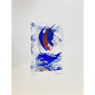 Gravura abstrata azul e vermelho com assinatura e números