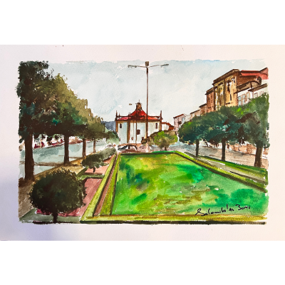 Pintura em aquarela de jardim urbano com relvado e árvores