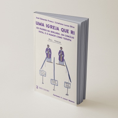 Livro branco com título e ilustração em roxo sobre padres e humor na igreja.