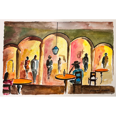 Pintura em aquarela de figuras humanas em interiores com arcos e mesas laranja
