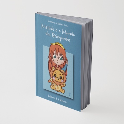 Livro infantil com capa azul e ilustração de menina e leão de peluche
