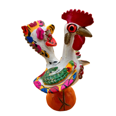 Figuras decorativas cerâmica coloridas de galo e galinha