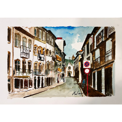 Pintura aguarelada de rua urbana com edifícios antigos e sinais de trânsito