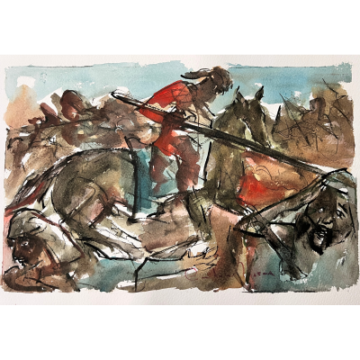 Pintura aguarelada de uma batalha com figuras humanas e cavalos em tons castanhos e vermelhos.