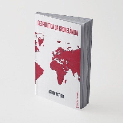 Livro com título GEOPOLÍTICA DA GRONELÂNDIA e mapa do mundo vermelho em fundo branco