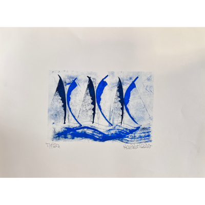 Impressão artística abstrata com formas em azul e preto num fundo branco.