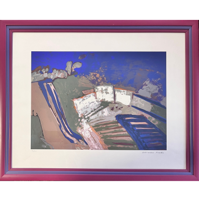 Pintura abstrata em moldura rosa com cores azul, castanho e branco