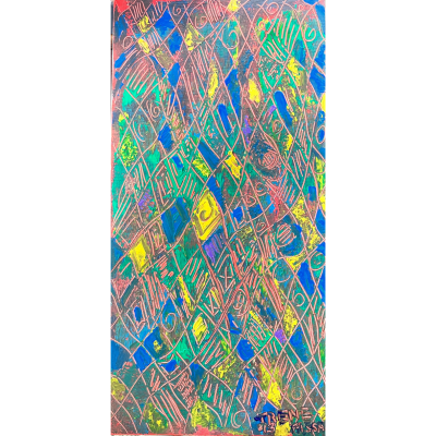 Pintura abstrata colorida com padrão geométrico e assinatura no canto inferior direito