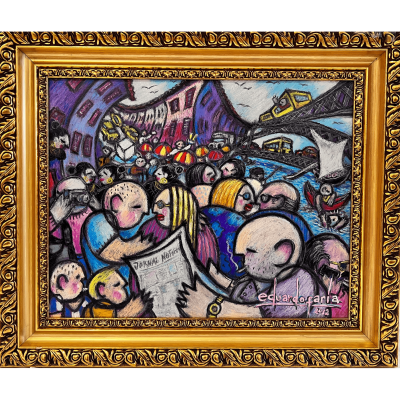 Pintura colorida com figuras caricaturais numa cena urbana assinada 'eduardoana 2013' em moldura dourada