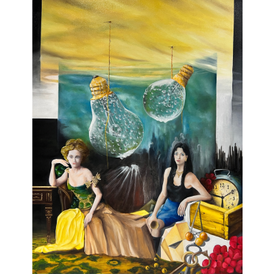 Pintura de duas mulheres com lâmpadas penduradas e relógio em fundo abstrato
