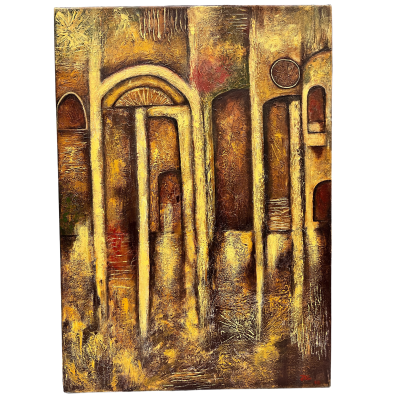 Pintura abstrata com formas arquitetónicas e texturas em tons amarelos e castanhos