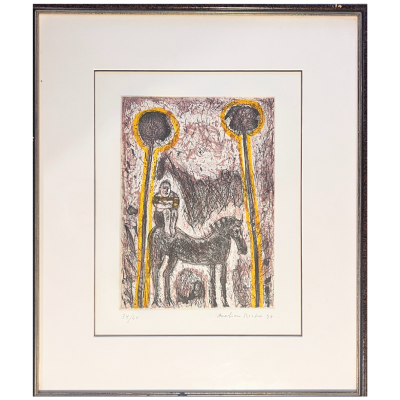 Quadro emoldurado com gravura colorida de homem no cavalo e formas circulares amarelas e pretas