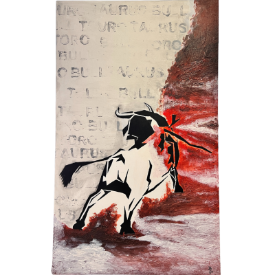 Quadro abstrato de touro em preto, branco e vermelho sobre fundo texturizado
