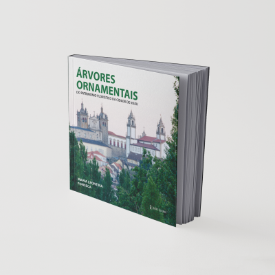 Capa de livro sobre árvores ornamentais com imagem de edifícios históricos e árvores