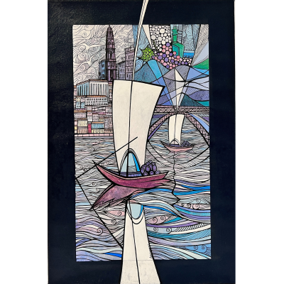 Arte colorida de barco à vela e paisagem urbana com padrões geométricos