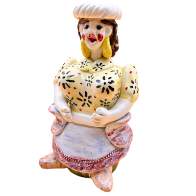 Boneca decorativa cerâmica mulher vestido amarelo avental azul chapéu branco