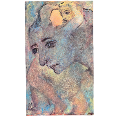 Quadro abstrato com duas faces humanas e fundo multicolorido texturizado