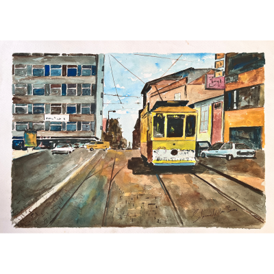 Pintura em aquarela de rua urbana com eléctrico amarelo e edifícios coloridos