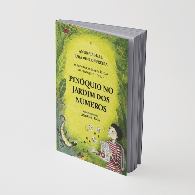 Livro infantil Pinóquio no Jardim dos Números com capa verde e amarela ilustrada