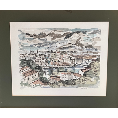 Gravura colorida de cidade com rio e ponte em moldura verde escura