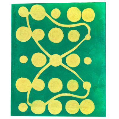 Pintura abstrata com círculos amarelos em fundo verde e linhas onduladas amarelas.