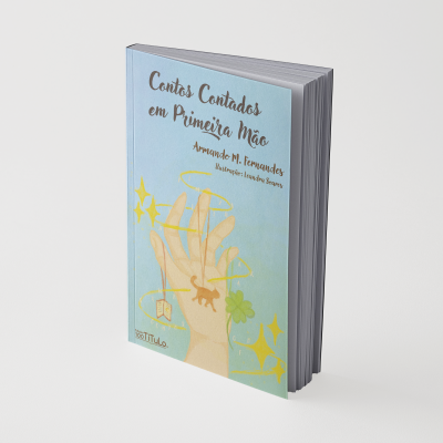 Capa de livro azul clara com ilustração de mão e texto em português