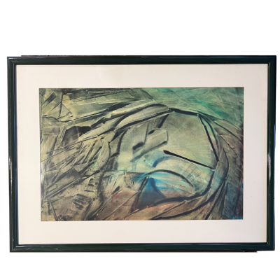 Quadro com moldura preta e pintura abstracta em tons verdes, azuis e cinzentos.