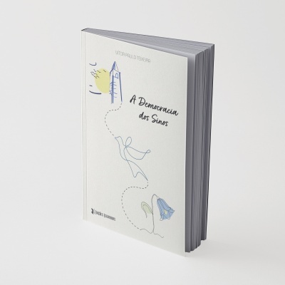 Livro A Democracia dos Sinos com capa branca e ilustrações minimalistas