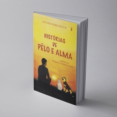 Capa de livro Histórias de Pêlo e Alma com ilustração de pessoa, gato e cão ao pôr do sol