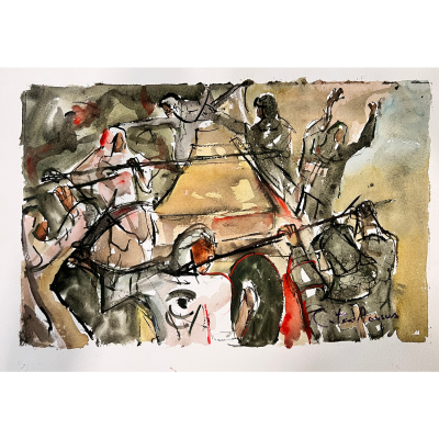 Pintura em aguarela abstrata de figuras humanas em movimento