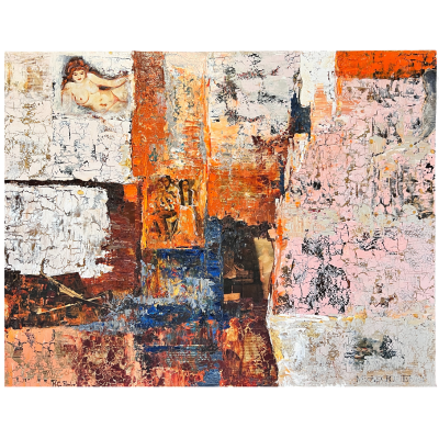 Pintura abstrata colorida com textura e figura feminina no canto superior esquerdo.