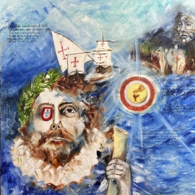 Pintura de rosto masculino com coroa de louros, uma caravela portuguesa, escudo no olho, alvo, figuras e texto manuscrito.