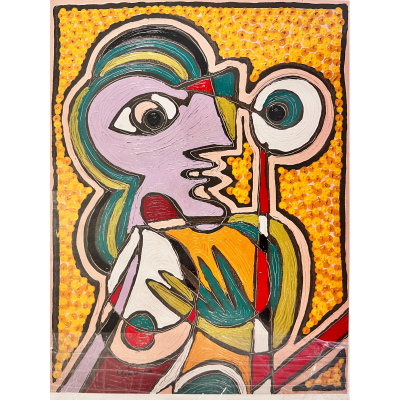 Pintura abstrata colorida com formas geométricas e linhas curvas