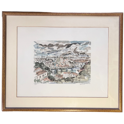 pintura aguarela de cidade emoldurada dourada