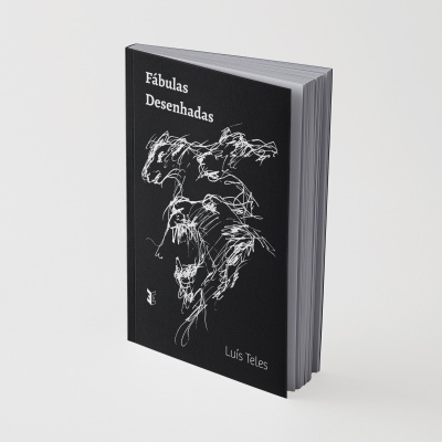 Livro capa preta com desenho branco e texto Fábulas Desenhadas de Luís Teles