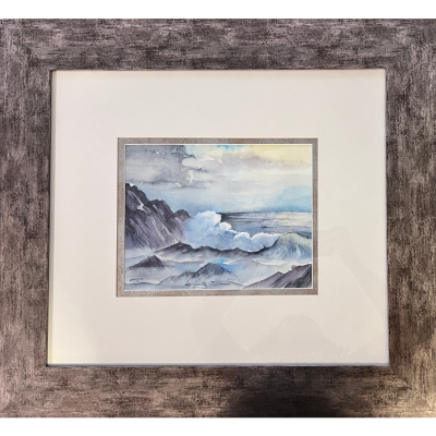 pintura de ondas do mar em moldura de madeira escura