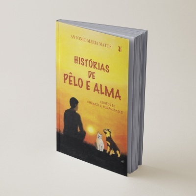 Livro amarelo com ilustração de pessoa, gato e cão ao pôr do sol e texto na capa