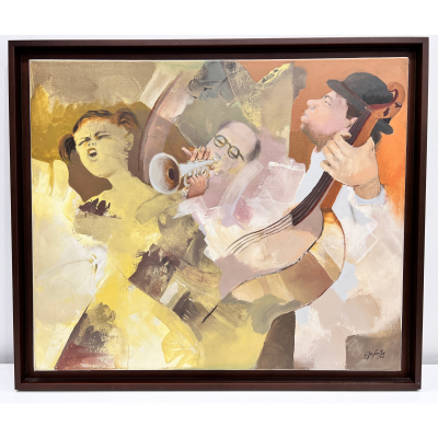 Pintura emoldurada com três músicos estilizados tocando instrumentos em tons amarelos e marrons