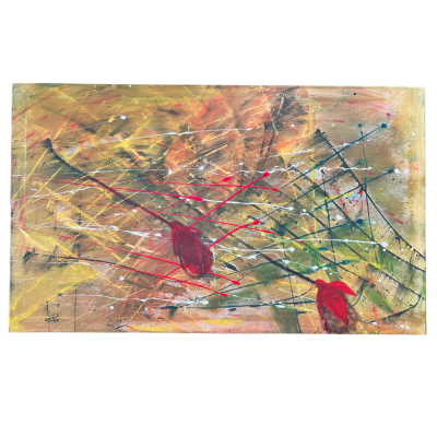 Tela de pintura abstrata com linhas e manchas de várias cores