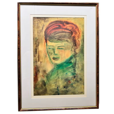 Pintura abstrata retrato emoldurada com cabelo vermelho e roupas verdes