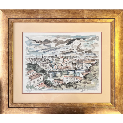 Pintura em aguarela de uma paisagem urbana com moldura dourada