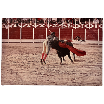 Toureiro vestido com casaca preta e calças claras encenando numa arena de touradas com público ao fundo