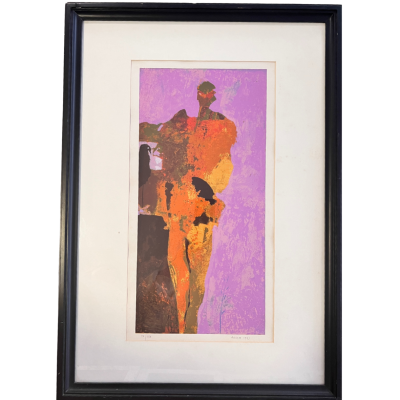 Quadro com moldura preta e gravura abstrata em tons laranja, roxo e preto