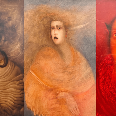 Lisa Santos Silva Três pinturas de mulheres com diferentes tons de cor e texturas em exposição.