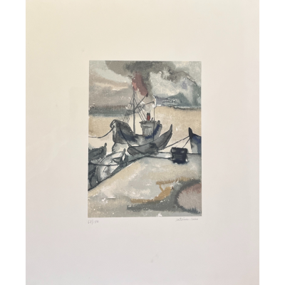 Gravura de barcos de pesca ancorados numa baía com fumo, numerada e assinada Lima